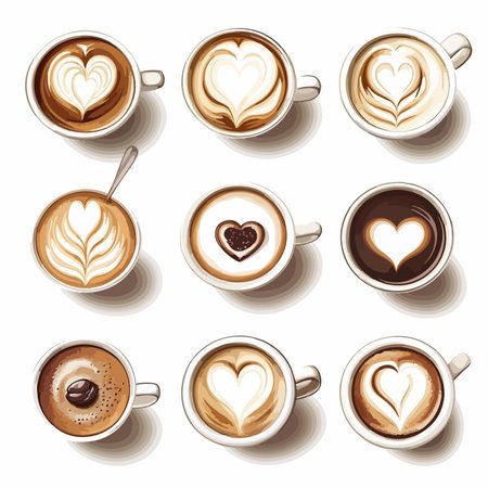 Coffee cups with heart shape latte art, vector illustrationのイラスト素材
