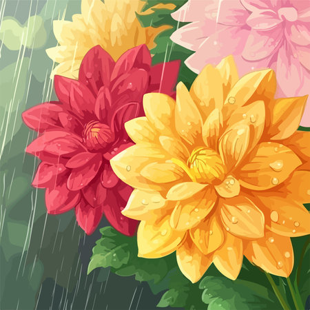 Colorful dahlia flowers on green background. Vector illustration.のイラスト素材