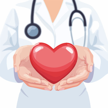 Illustration of a female doctor holding a red heart in her handsのイラスト素材