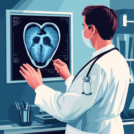 Male doctor looking at x-ray image of human lungs. Vector illustrationのイラスト素材
