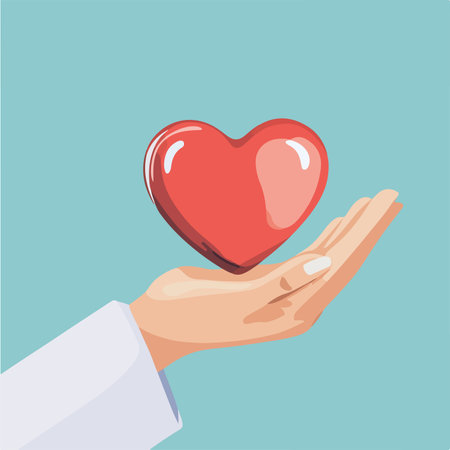 Vector illustration of a hand holding a red heart on a blue backgroundのイラスト素材