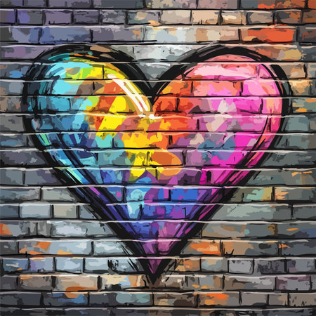 Colorful heart graffiti on the brick wall background. Vector illustration.のイラスト素材