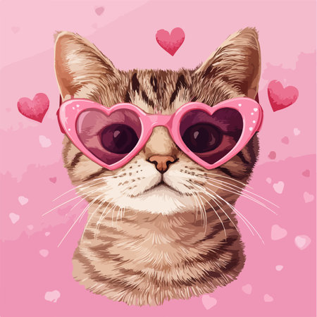 Cute cat with heart shaped glasses on pink background. Vector illustration.のイラスト素材