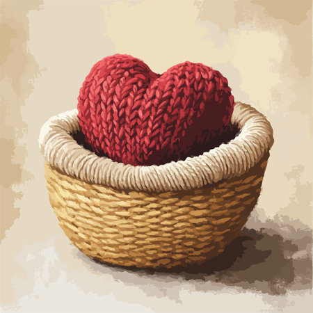 Handmade knitted heart in a wicker basket. Vector illustration.のイラスト素材
