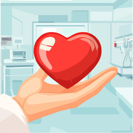 Illustration of a hand holding a red heart in a hospital wardのイラスト素材