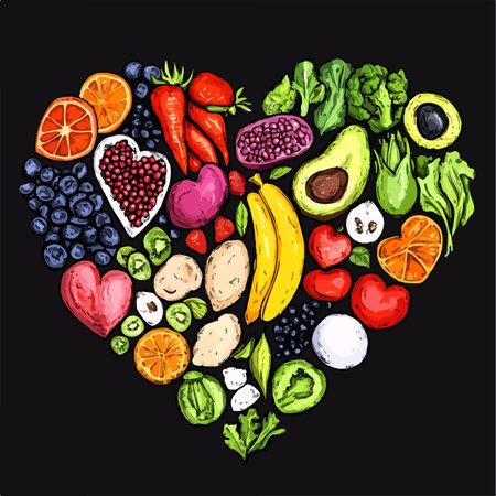 Healthy food heart made of fruits and vegetables. Vector illustration.のイラスト素材