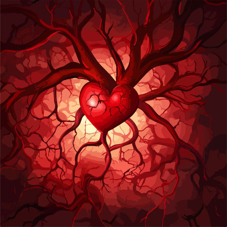Red heart with veins and blood on a red background. Vector illustration.のイラスト素材
