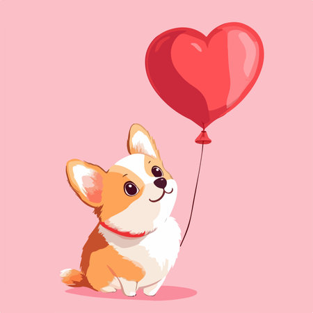 Cute corgi dog with heart shaped balloon. Vector illustration.のイラスト素材