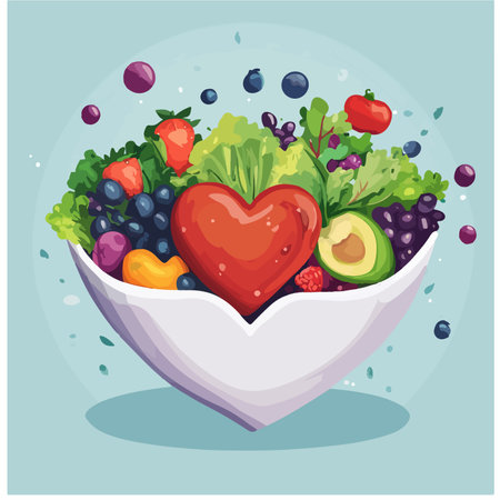Healthy food in heart shaped bowl. Vector illustration in cartoon styleのイラスト素材