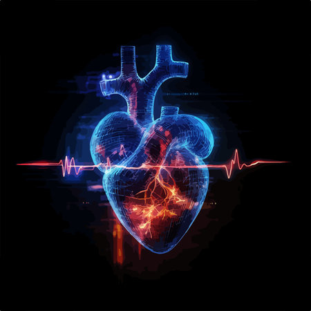 Human heart with electrocardiogram on a dark background. Vector illustration