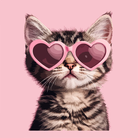 Cute cat with heart shaped sunglasses on pink background. Vector illustration.のイラスト素材