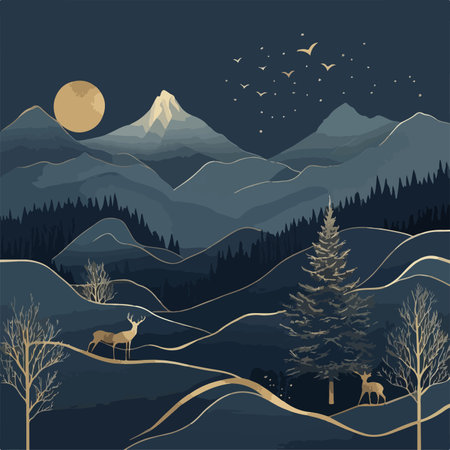Mountain landscape with deer, forest and moon. Vector illustration.のイラスト素材