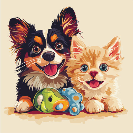 Vector illustration of a cute dog, cat and puppy with toys.のイラスト素材