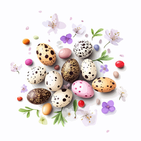 Easter composition with quail eggs, cherry blossom and spring flowers on white background.のイラスト素材
