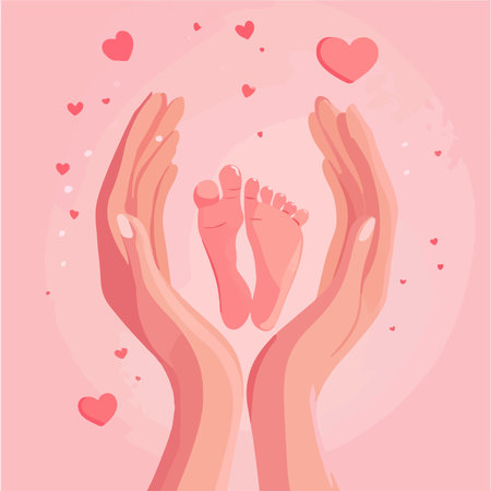 Hands holding baby feet. Flat style vector illustration on pink background.のイラスト素材