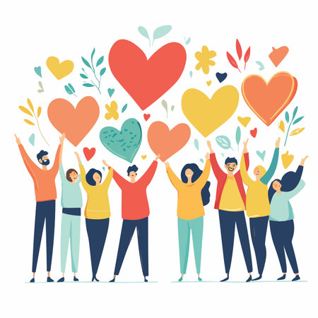 Group of happy people holding hearts. Vector illustration in flat style.のイラスト素材