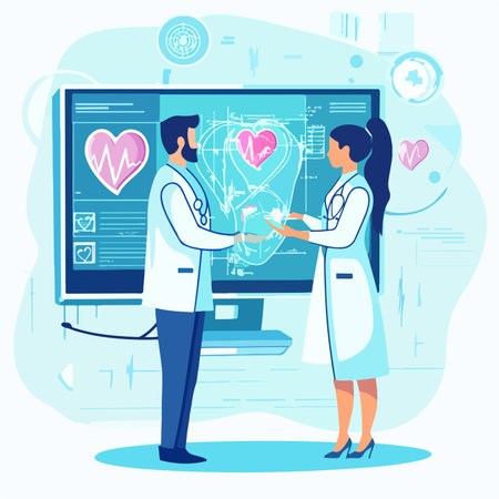 Vector illustration of male doctor and female nurse in medical gowns with stethoscope standing near computer monitor with heart icon. Healthcare and medicine conceptのイラスト素材
