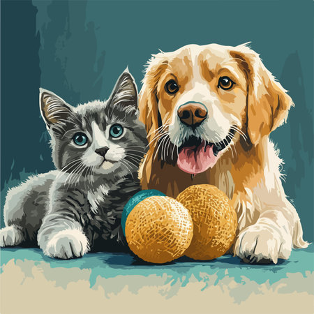 Cute dog, cat and golden balls. Vector illustration of a pet.のイラスト素材