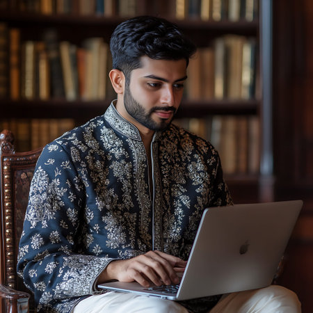 Young Ethnic Indian Male Dressed in Traditional Clothing and Accessoriesの素材