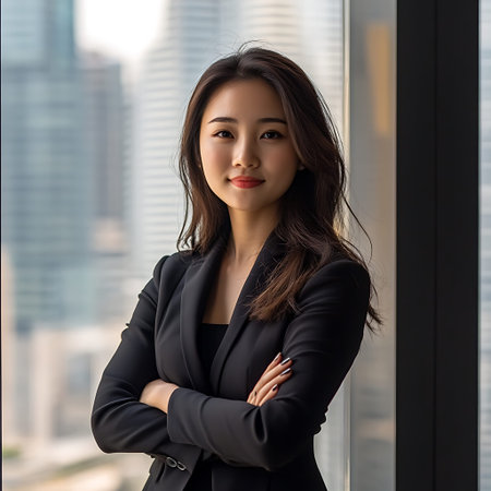Ambitious Asian American Businesswoman Striving for Successの素材