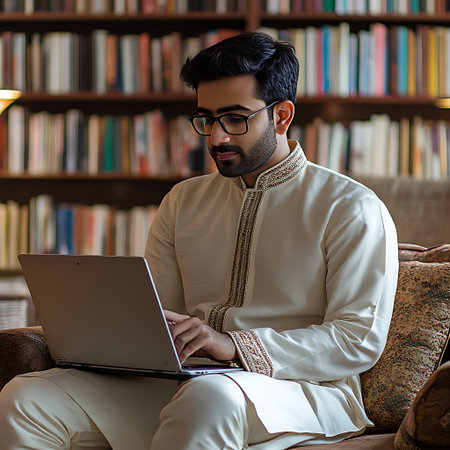 Young Ethnic Indian Male Dressed in Traditional Clothing and Accessoriesの素材