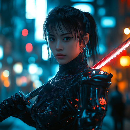 Futuristic Asian Cyberpunk Ninja with Cybernetic Enhancementsの素材