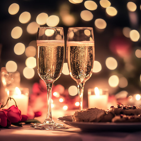 Romantic Champagne Dinner Table Setting with Glowing Candlesの素材