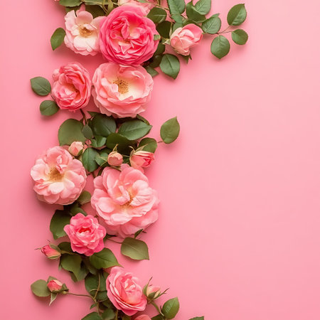 Vertical Frame of Pink Roses on Pastel Background with Decorative Shapesの素材