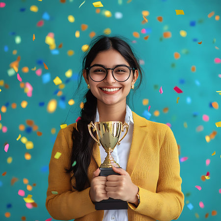 Young Indian Businesswoman Triumphantly Holding Gold Trophy, Symbolizing Success and Achievementの素材