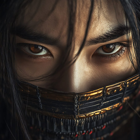 Close-up Portrait of an Asian Samurai Assassin Woman with Intricate Detailsの素材