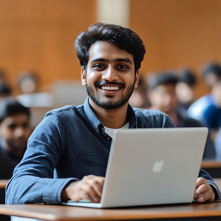 Indian Male Student Studiously Typing on Laptop at Collegeの素材