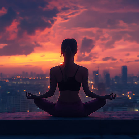 Serene Rooftop Yoga Practice with Stunning City Views and a Tranquil Atmosphereの素材