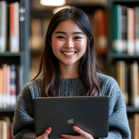 Young Asian Woman Studying with Laptop in a Library Environmentの素材