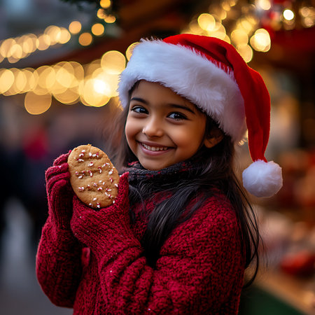 Joyous Indian Girl in Santa Hat Emulates Holiday Merrimentの素材