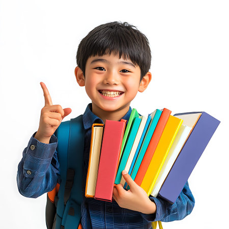 Smiling Japanese Schoolboy Pointing Cheerfully Upwards with Gleeの素材