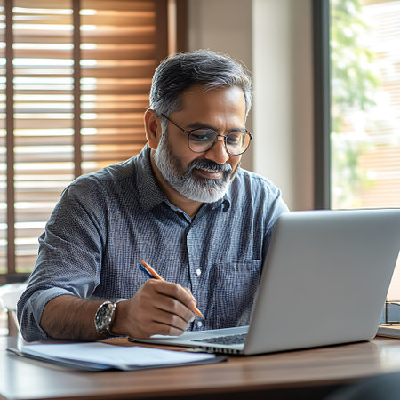 Elderly Indian Business Executive Writing Notes on Laptopの素材