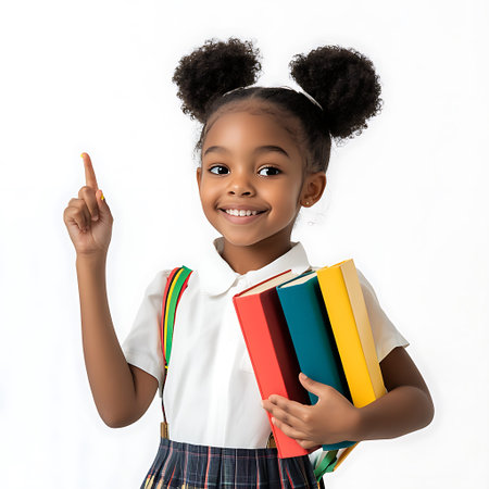 Enthusiastic African American Schoolgirl Pointing Enthusiastically Upwardの素材