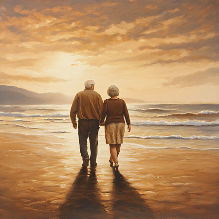 Senior Couple Strolling Hand-in-Hand by the Tranquil Beachの素材