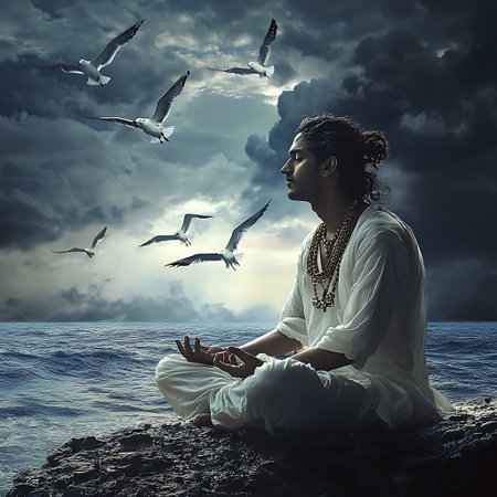 Serene Indian Man Meditating by the Tranquil Ocean Shorelineの素材