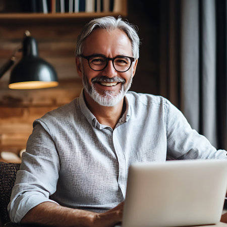 Senior American Businessman Browsing Internet on Computer with a Smileの素材