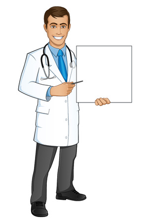 Sympathetic doctor with work clothes, the Doctor is pointing to a posterのイラスト素材
