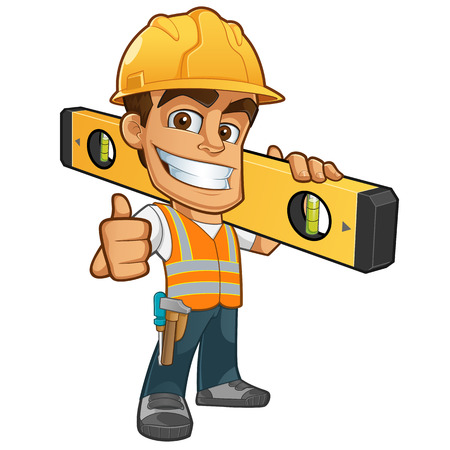 Friendly builder with helmet, carrying a level bubble and a belt with tools