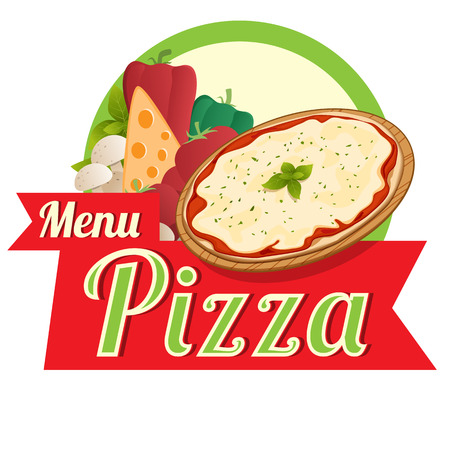 Logo a menu of pizza, has a pizza and various ingredientsのイラスト素材