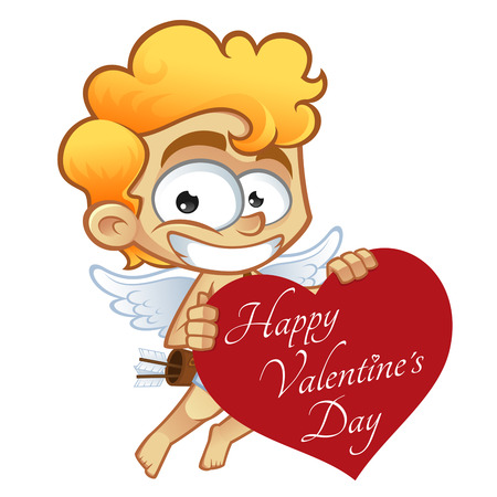 Sympathetic cupid with a big heart, with text Happy Valentines Dayのイラスト素材