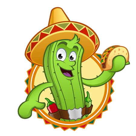 Sympathetic Mexican cactus with a taco in her handのイラスト素材