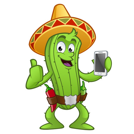 Sympathetic cactus with a mobile phone in her handのイラスト素材