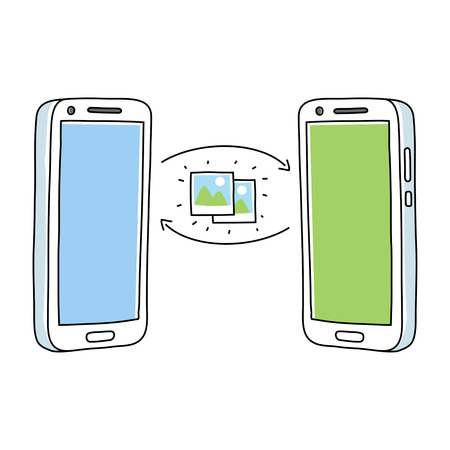 Two smartphones sharing pictures, on white background