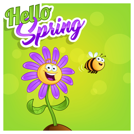 Poster hello spring with a cartoon flower and a beeのイラスト素材