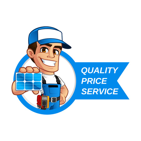Friendly technician installer of solar panels, he wears a belt with toolsのイラスト素材