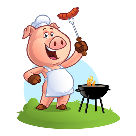 Pig chef holding a sausage on forkのイラスト素材